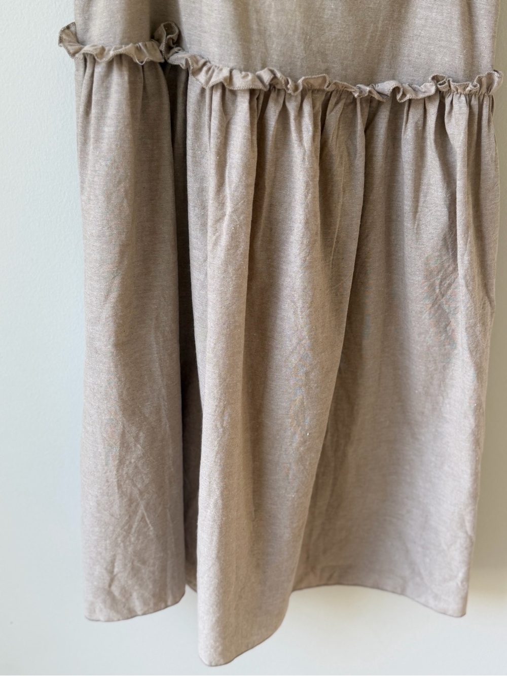 NWT Commense Size Small Cotton Linen Tie-Shoulder Mini Dress in Beige Tan Ruffle - Picture 6 of 15